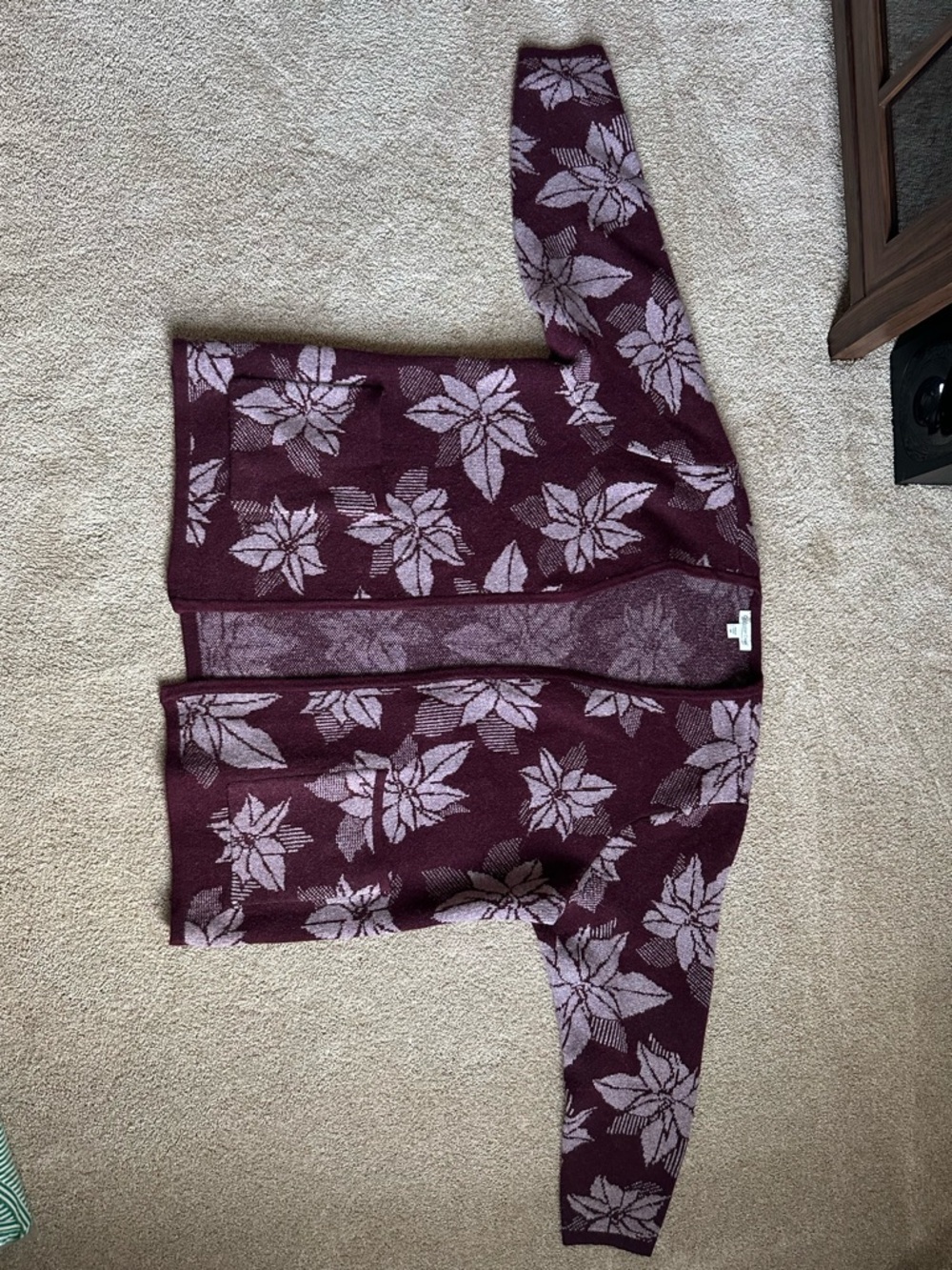Coldwater Creek Burgundy Floral Knit Cardigan with Light Pink Motif